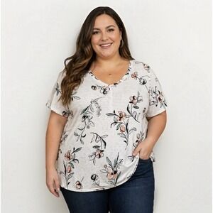 Rachel Zoe 100% Linen Floral V-Neck Top Shirt Plus Size 3X Summer Breathable